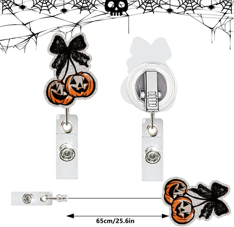 NSSHEL Halloween Badge Reel Retractable Autumn Coquette Pumpkin with Black Bow Acrylic Alligator Clip Halloween Badge Clip ID Card Holder Gifts for Medical Worker Teacher Doctor Cute Halloween Badges Holder - Image 3